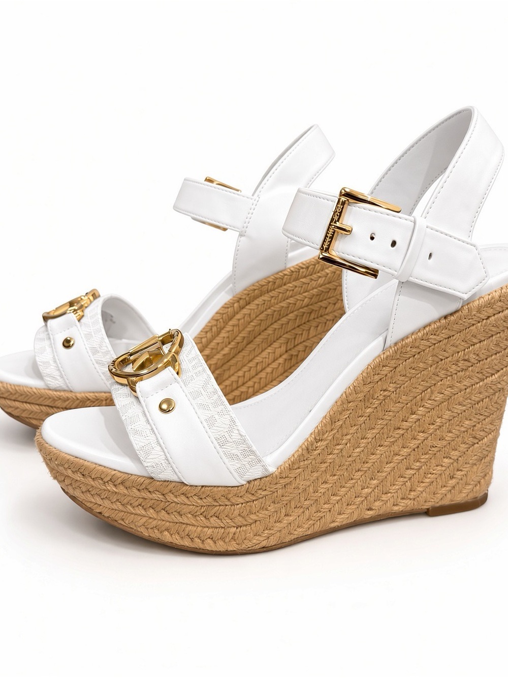 MICHAEL KORS White Wedge Espadrille Sandals with Gold Buckle